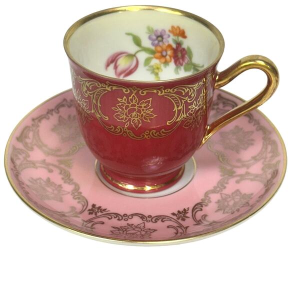 Bavaria Tirschenreuth PT Germany Demitasse Cobalt Green Rose Pink Cup Saucers 4 - Picture 8 of 15